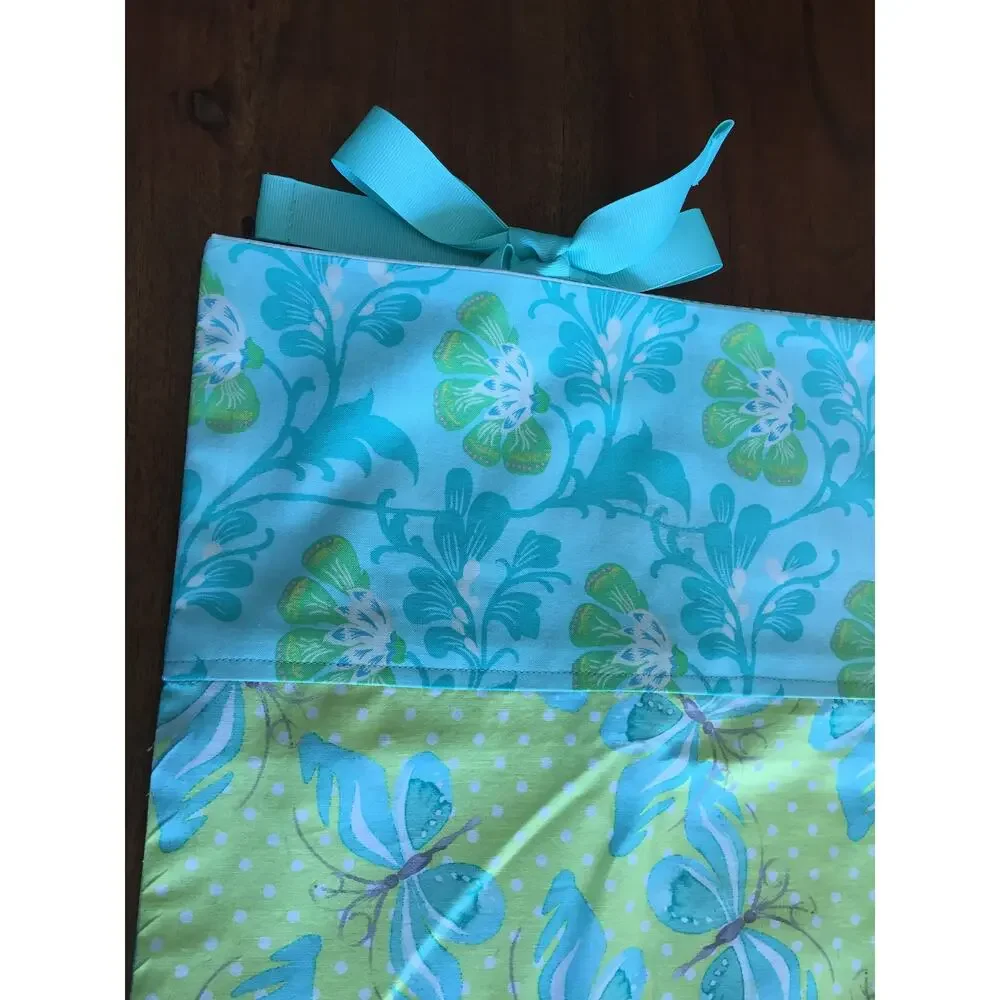 Butterfly Pillowcase, Handmade Cotton, Turquoise Floral Border, Ribbon Closure